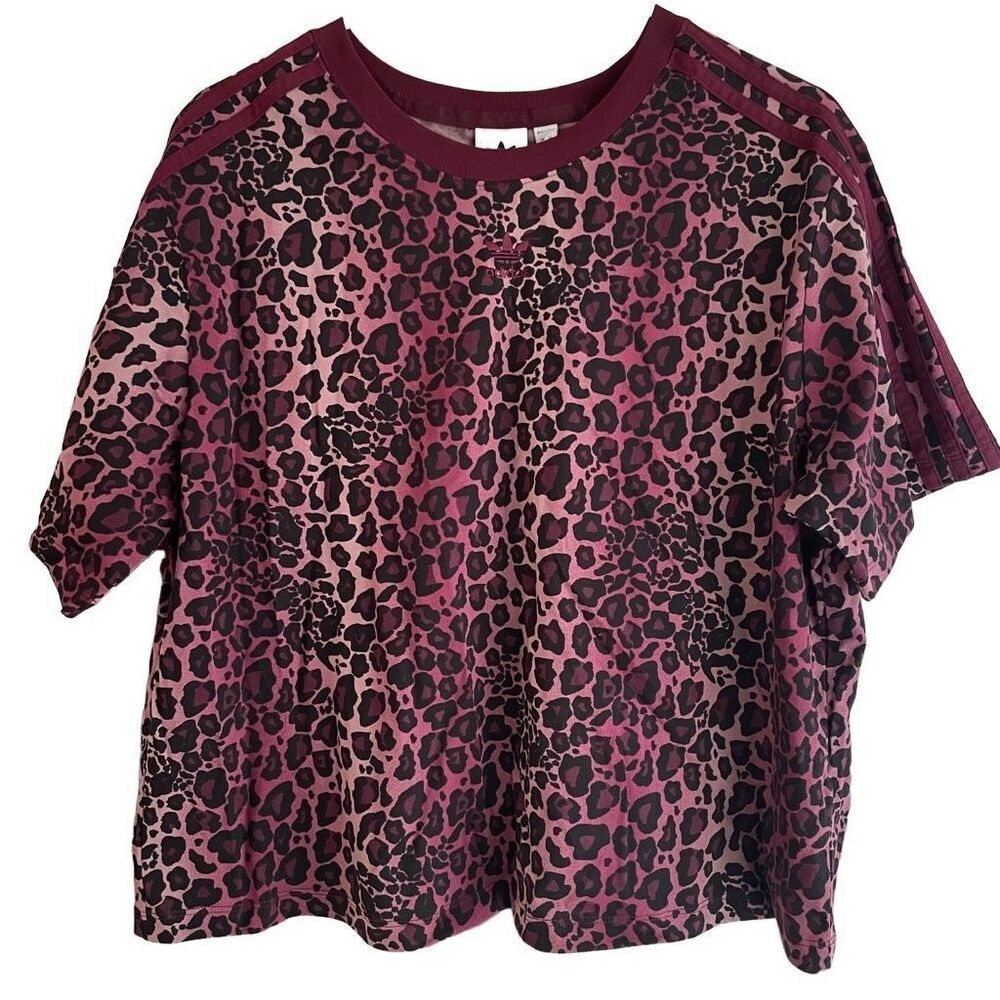adidas Womens Allover Print T-Shirt 1X Burgundy Cheetah Print 3 Stripes Trefoil